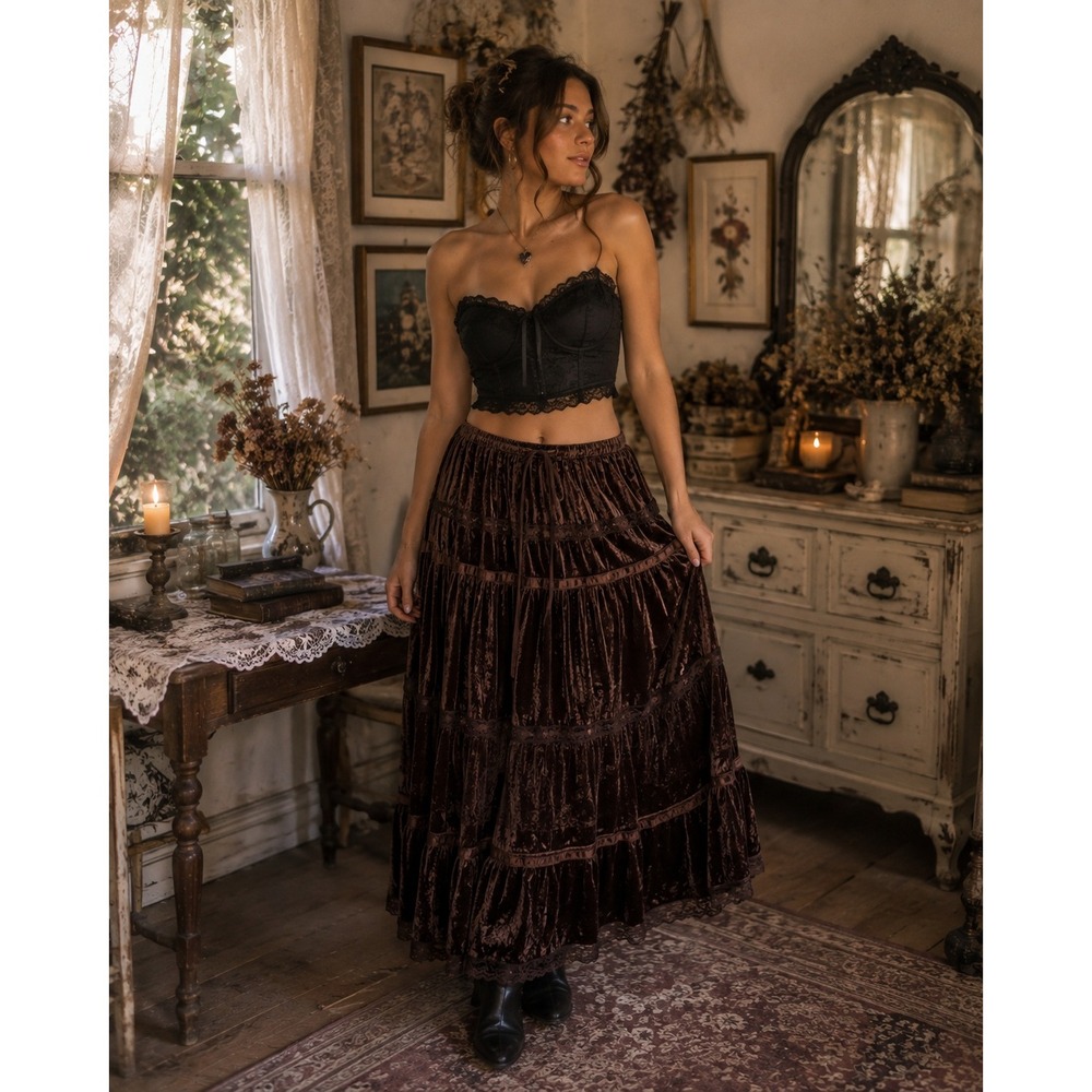 F.A.N.G. Y2K Brown Crushed Velvet Tiered Maxi Skirt Lace Boho L Whimsigoth
